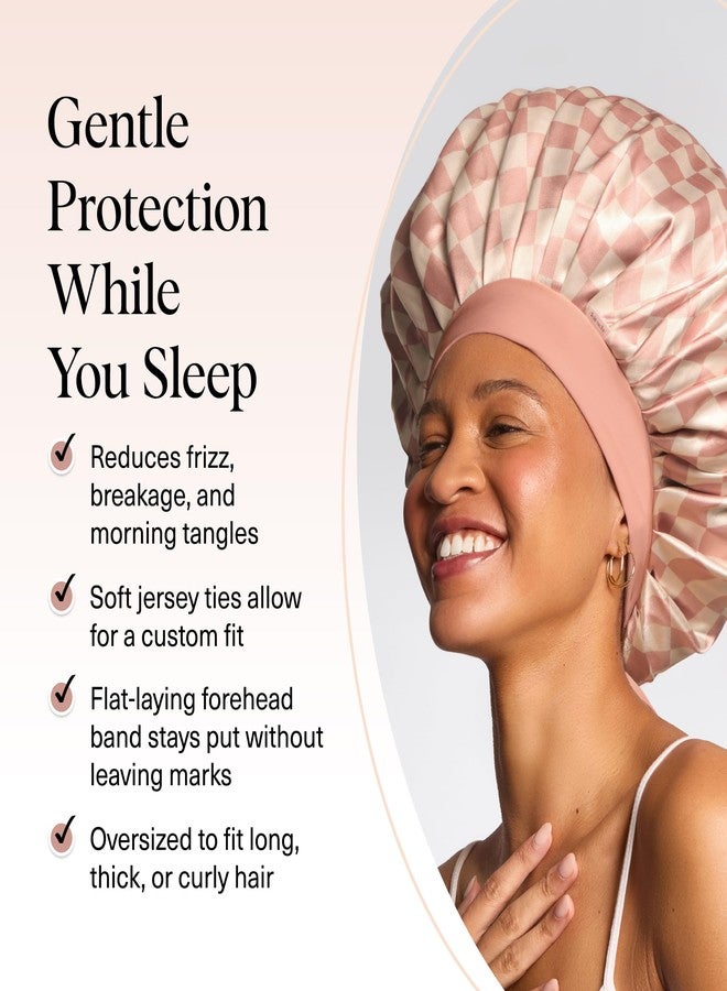 Kitsch XL Satin Bonnet for Sleeping - Softer Than Silk Hair Bonnet For Women - Secure Fit, Adjustable Night Cap For Curly & Textured Hair - Prevents Breakage, Tangles & Thinning - Terracotta Checker - Image 3